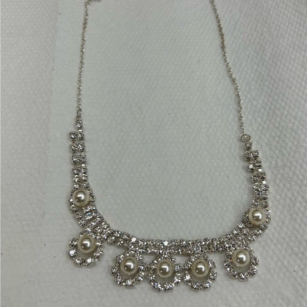 Bridal Pearl Rhinestone Silver Statement Necklace
